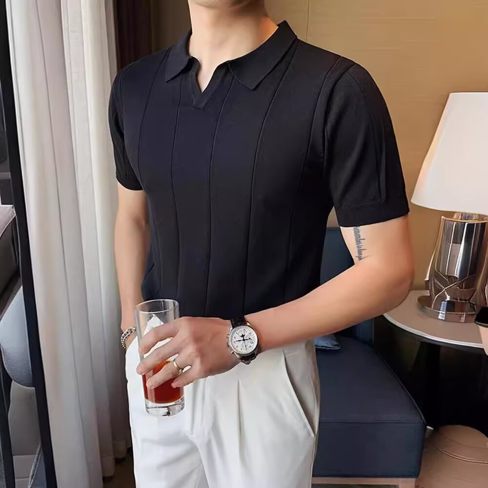 夏季韩版黑色冰丝针织polo衫短袖T恤男高级感健身休闲宽松打底衫