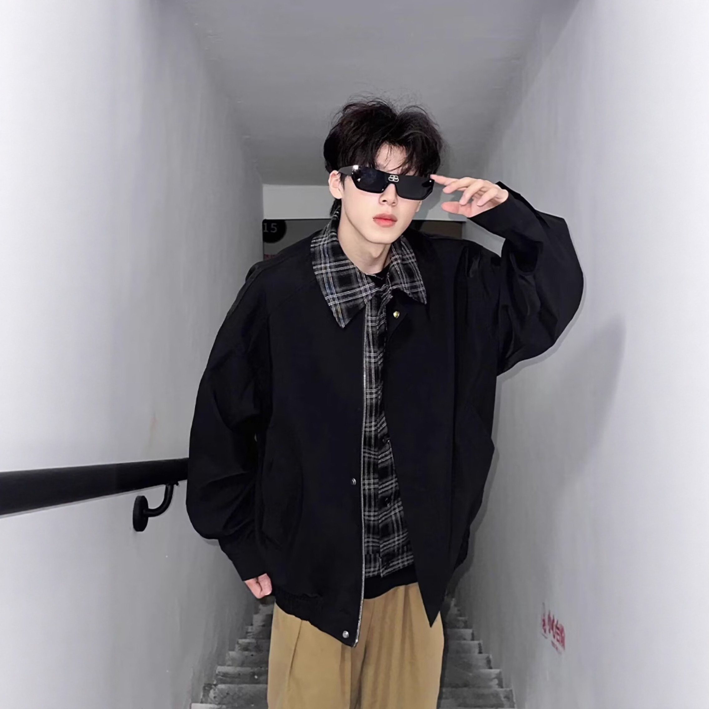 棕色假两件短款外套男款春秋青少年痞帅美式潮牌高级感衬衫领夹克