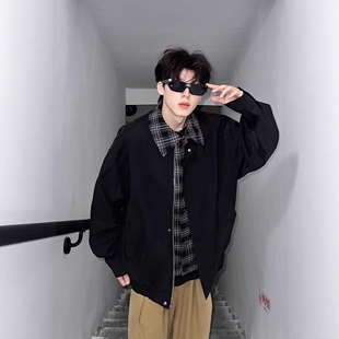 棕色假两件短款外套男款春秋青少年痞帅美式潮牌高级感衬衫领夹克