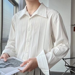 高级感黑色禁欲系古巴领衬衫轻熟发型师男装宽松潮牌长袖竖纹衬衣