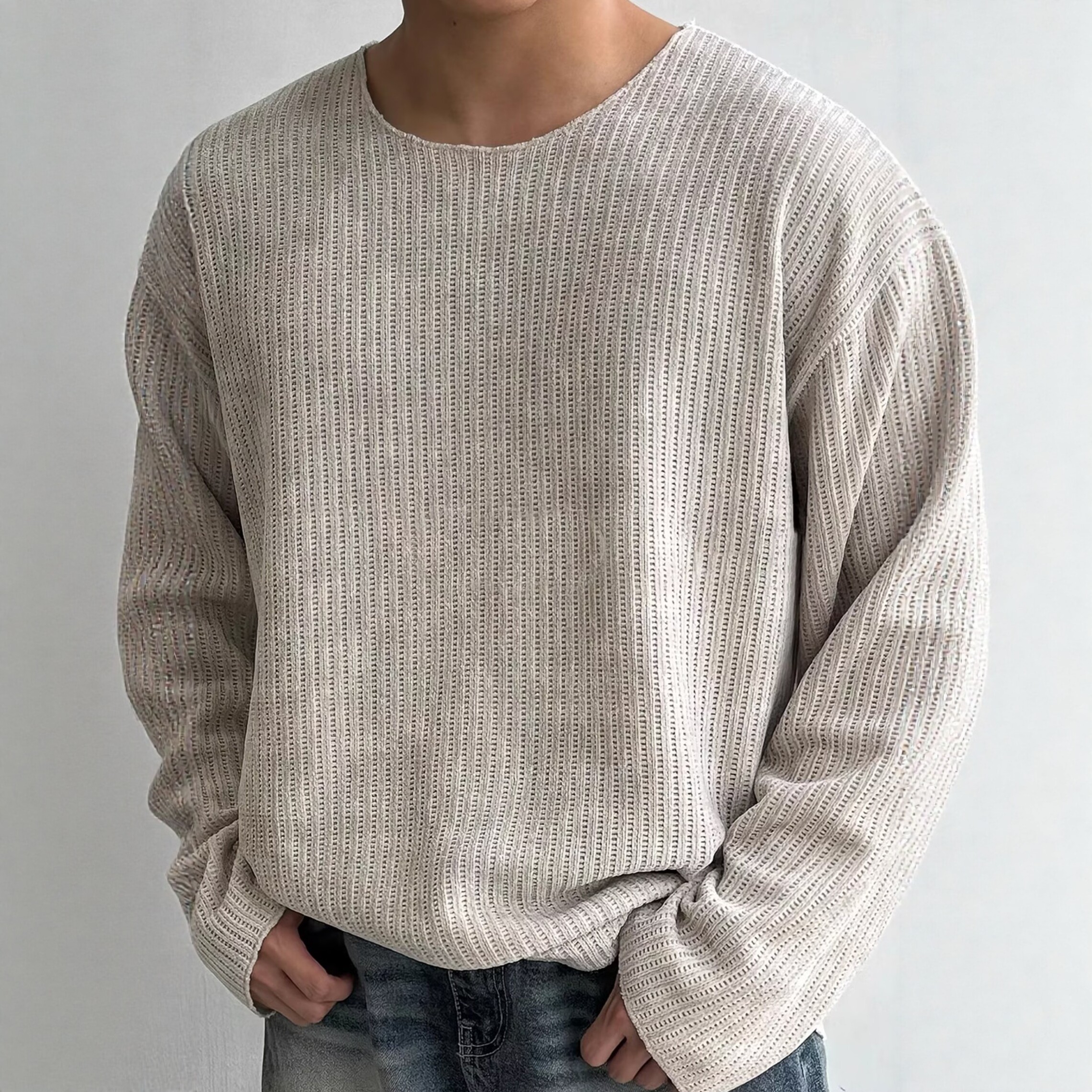 棕色长袖针织T恤男春秋韩系新款宽松百搭上衣轻薄圆领打底衫体恤