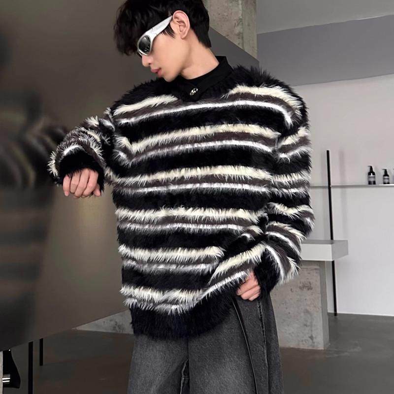 条纹毛衣男秋冬款美式复古仿貂毛