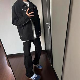 cleanfit黑色短款牛仔解构外套男美式高街飞行员夹克棒球服秋冬