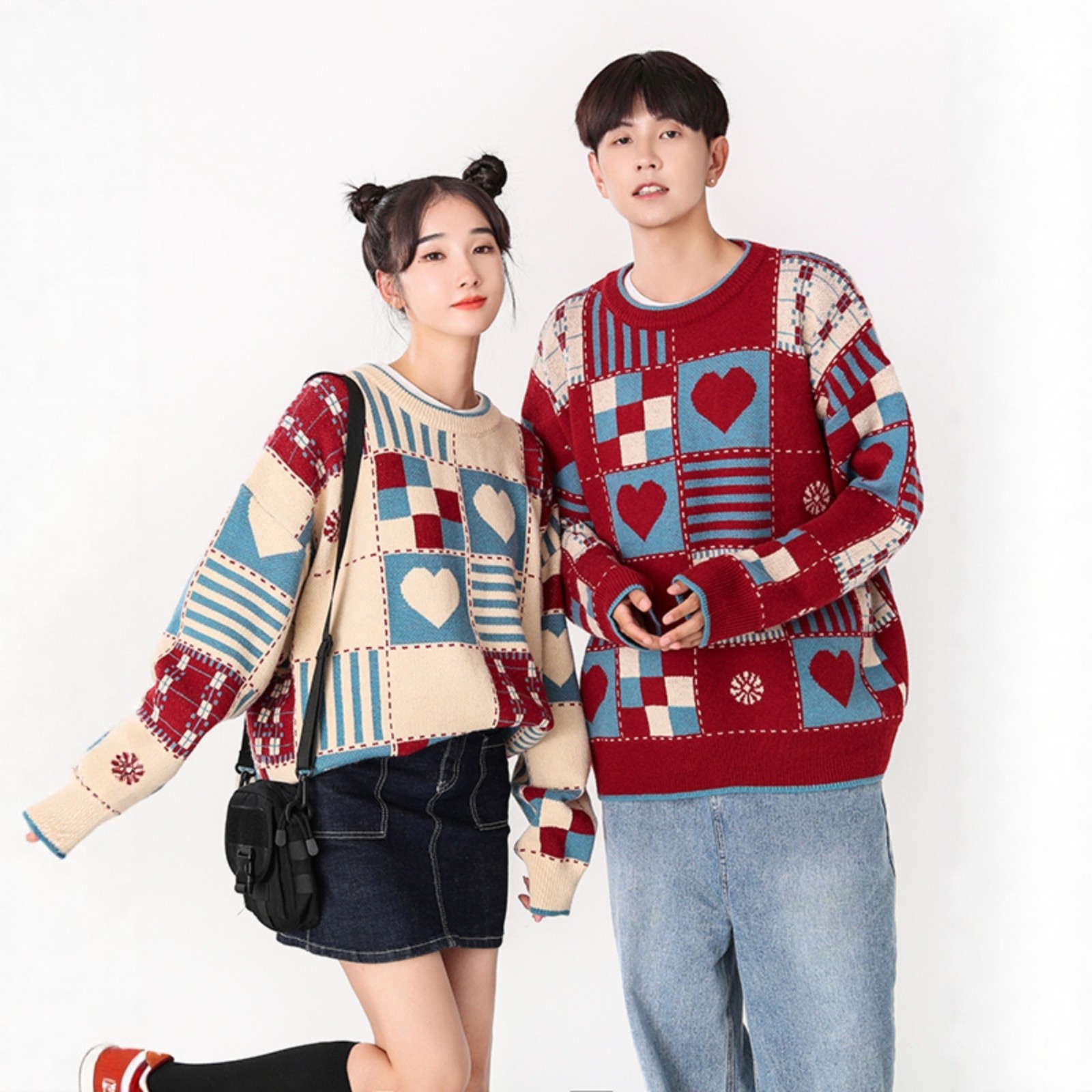 日系复古格子爱心圆领毛衣男女宽松情侣设计感慵懒风小众针织衫潮