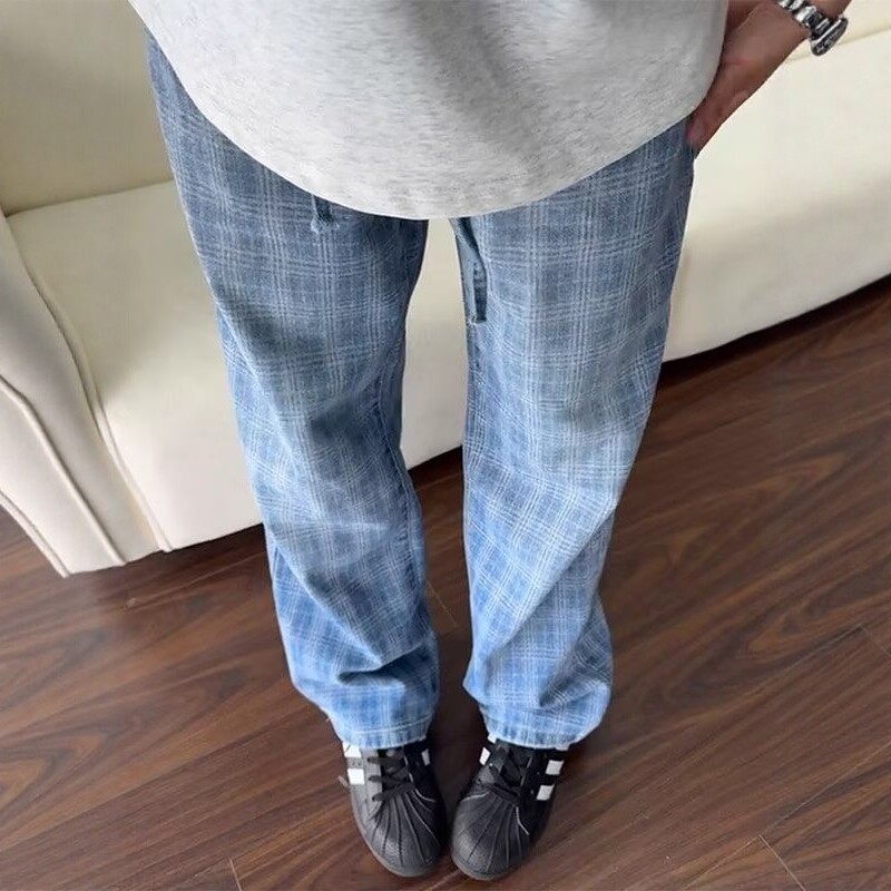 夏季薄款百搭慵懒风蓝色格子牛仔裤男款柔软宽松直筒休闲微喇长裤