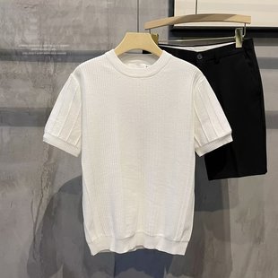 纯白色提花短袖毛衣男款春秋季薄款打底衫男士潮牌潮流半袖针织衫