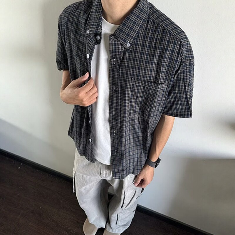 美式复古撞色格纹翻领短袖衬衫男