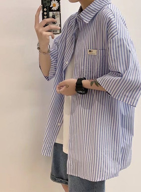 蓝色条纹衬衫男短袖夏季痞帅ins港风日系cityboy廓形衬衣外套半袖