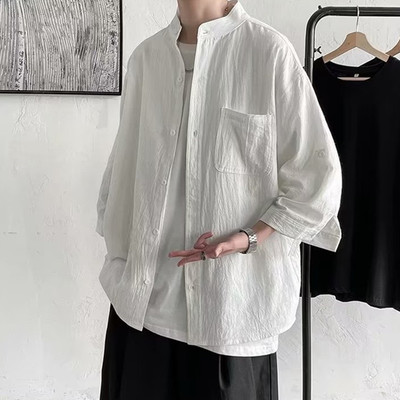 中国风七分袖棉麻短袖绿色衬衣