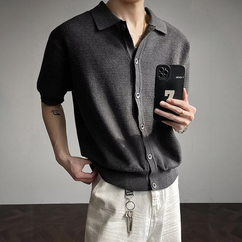 老钱风排扣针织T恤男美式潮牌纯色休闲短袖夏季简约翻领半袖上衣
