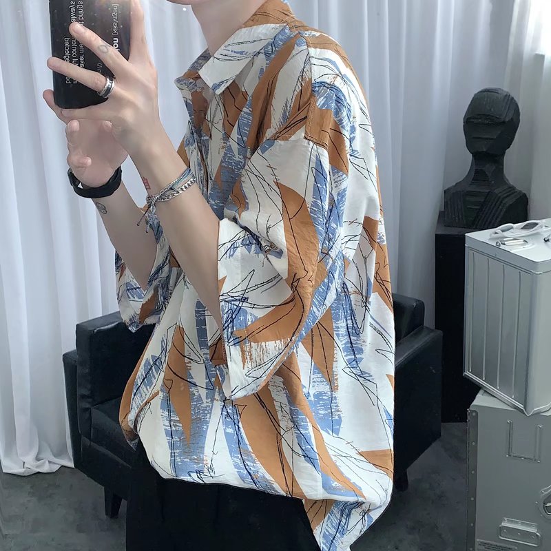 高级感上衣男设计感衬衫港风日系风格穿搭坠感七分袖夏威夷花衬衣