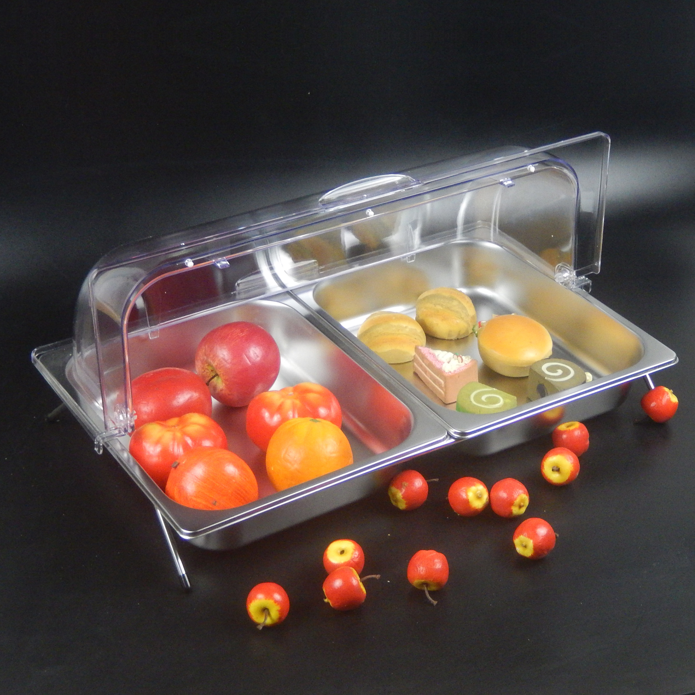 分格双格三格拼盘自助餐水果盆带透明半翻盖单层展示支架子不锈钢