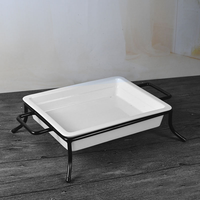 酒店餐厅高档双格自助餐盘分格餐盘陶瓷展示架多功能长方形盘白色