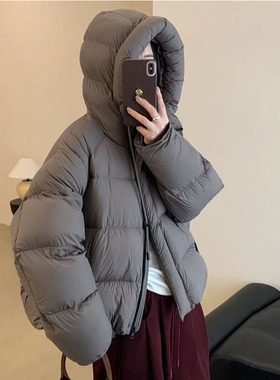高端连帽泡芙感羽绒服女2025冬季抽绳保暖宽松白鸭绒面包服外套潮