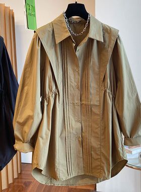 欧货设计感小众宽松休闲抽绳收腰衬衫女中长款全棉气质上衣2022秋