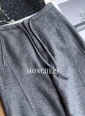 CHAO级推荐！灰色立裁羊毛呢阔腿裤女秋冬新款时髦窄腰抽绳弯刀裤