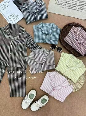 2025秋冬新款海岛绒儿童家居服套装男女童中大童开衫格子两件套装