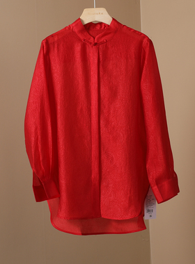 2026年款中国风立领盘扣压花提花人丝衬衫女长袖宽松红色上衣打底