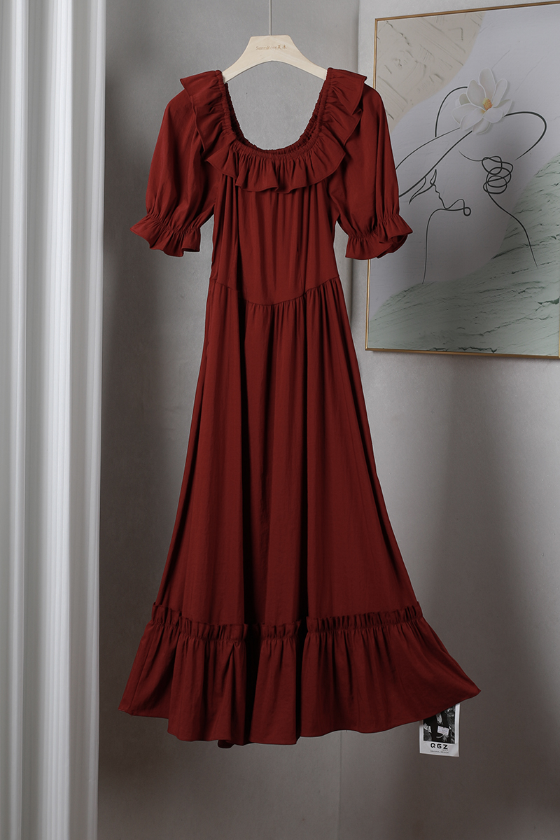 法式复古A字版纯色圆领一字肩