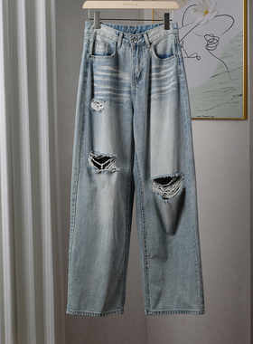 美式高街时髦破洞直筒牛仔裤复古水洗全棉高腰显瘦阔腿拖地长裤女
