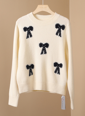 新款甜美蝴蝶结珍珠装饰圆领羊毛针织衫女百搭套头100%绵羊毛上衣