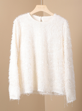 2025新款轻奢小香风亮片毛边衬衫女白色宽松蕾丝衫cozy松绒系上衣