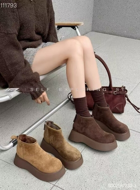 欧货磨砂皮圆头小个子增高厚底短靴女24冬新款潮流百搭加绒马丁靴