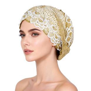 蕾丝帽子新款回族头巾帽子纱巾包头巾烫钻方便款套头帽子 caps