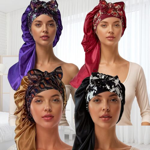 新款条纹印花飘带单层色丁睡帽飘带睡帽化疗帽浴帽  satin bonnet