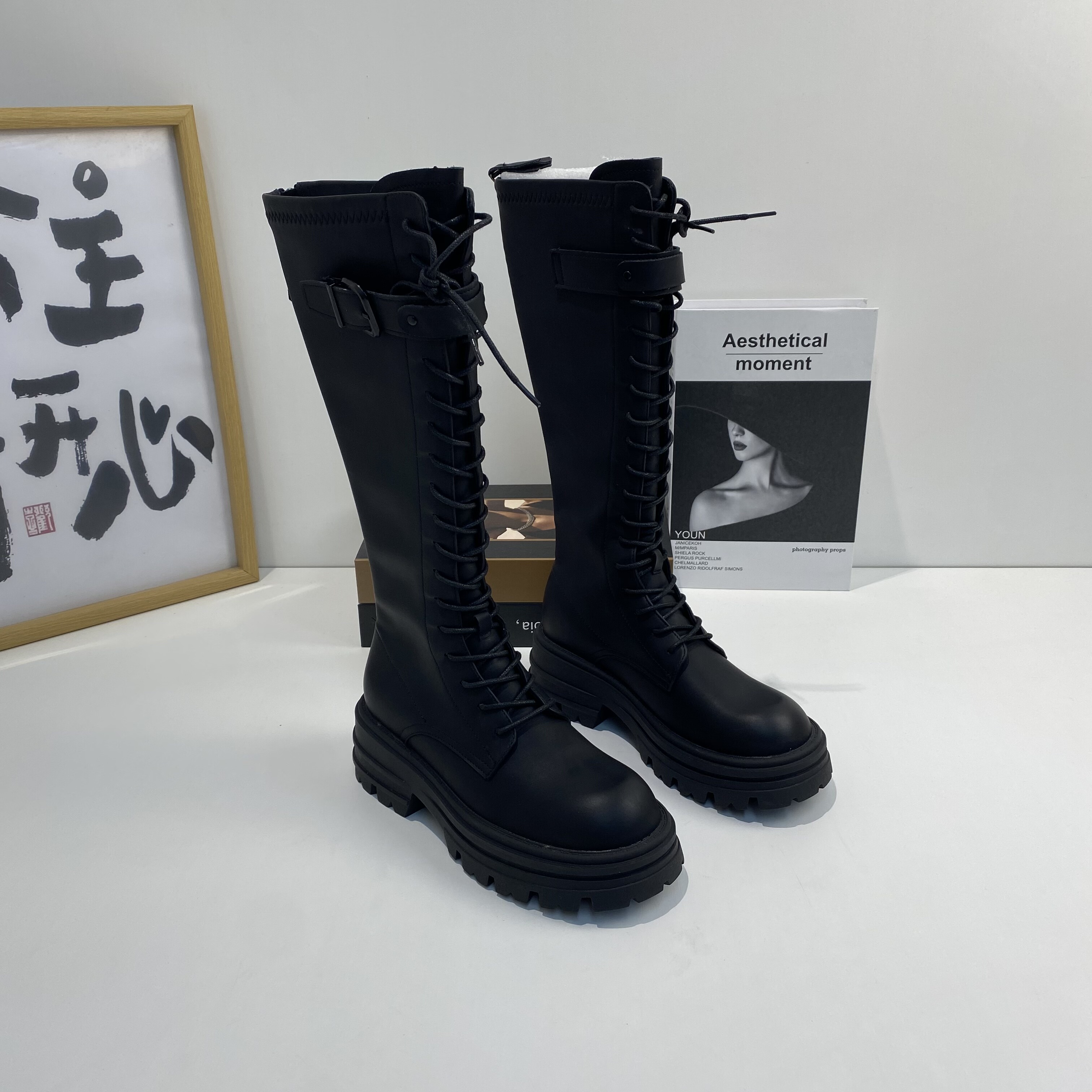 2025秋冬新款长靴皮带扣绑带骑士靴女高筒靴工装靴厚底增高长筒靴