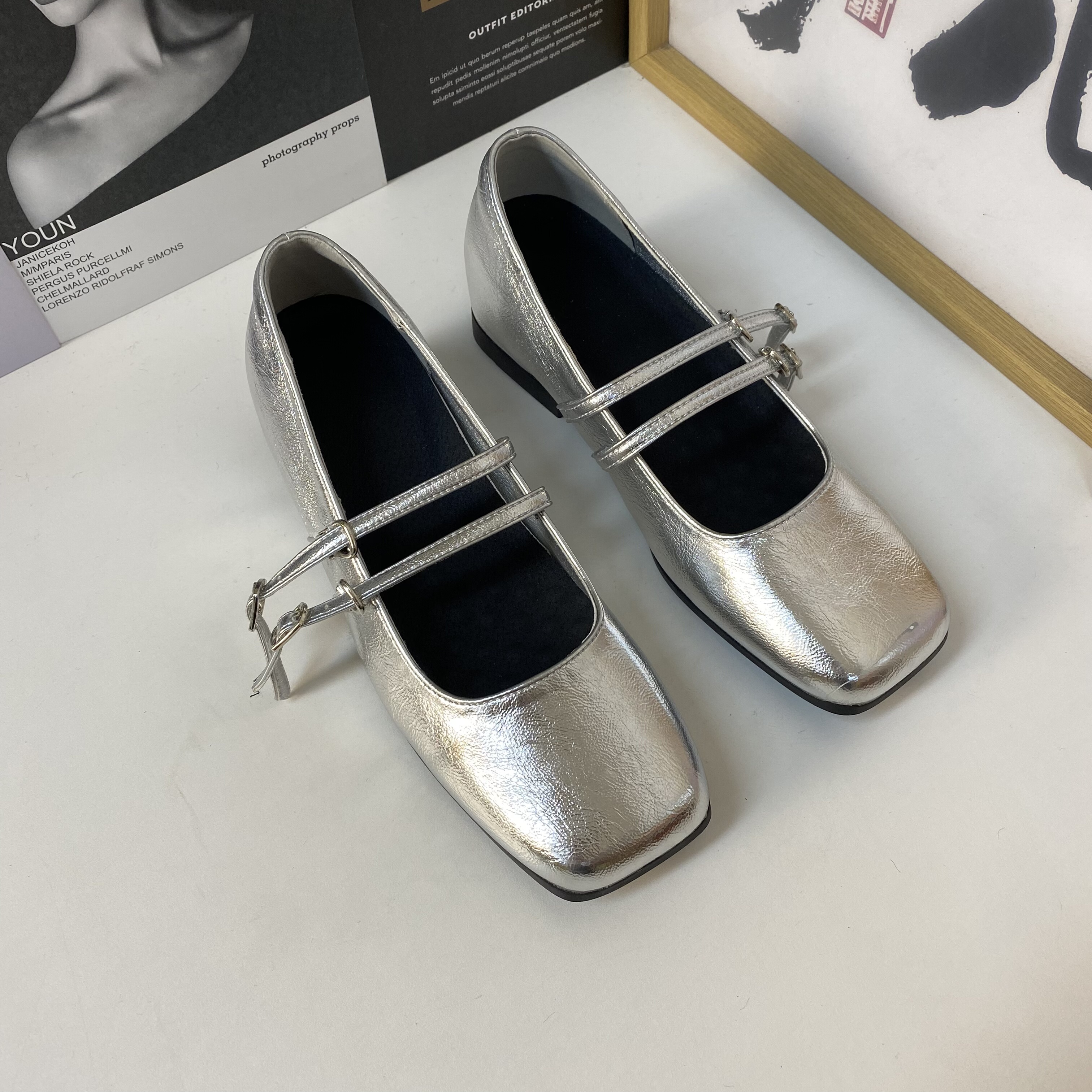 法式银色玛丽珍鞋女2025新款时尚浅口内增高单鞋交叉扣带芭蕾鞋