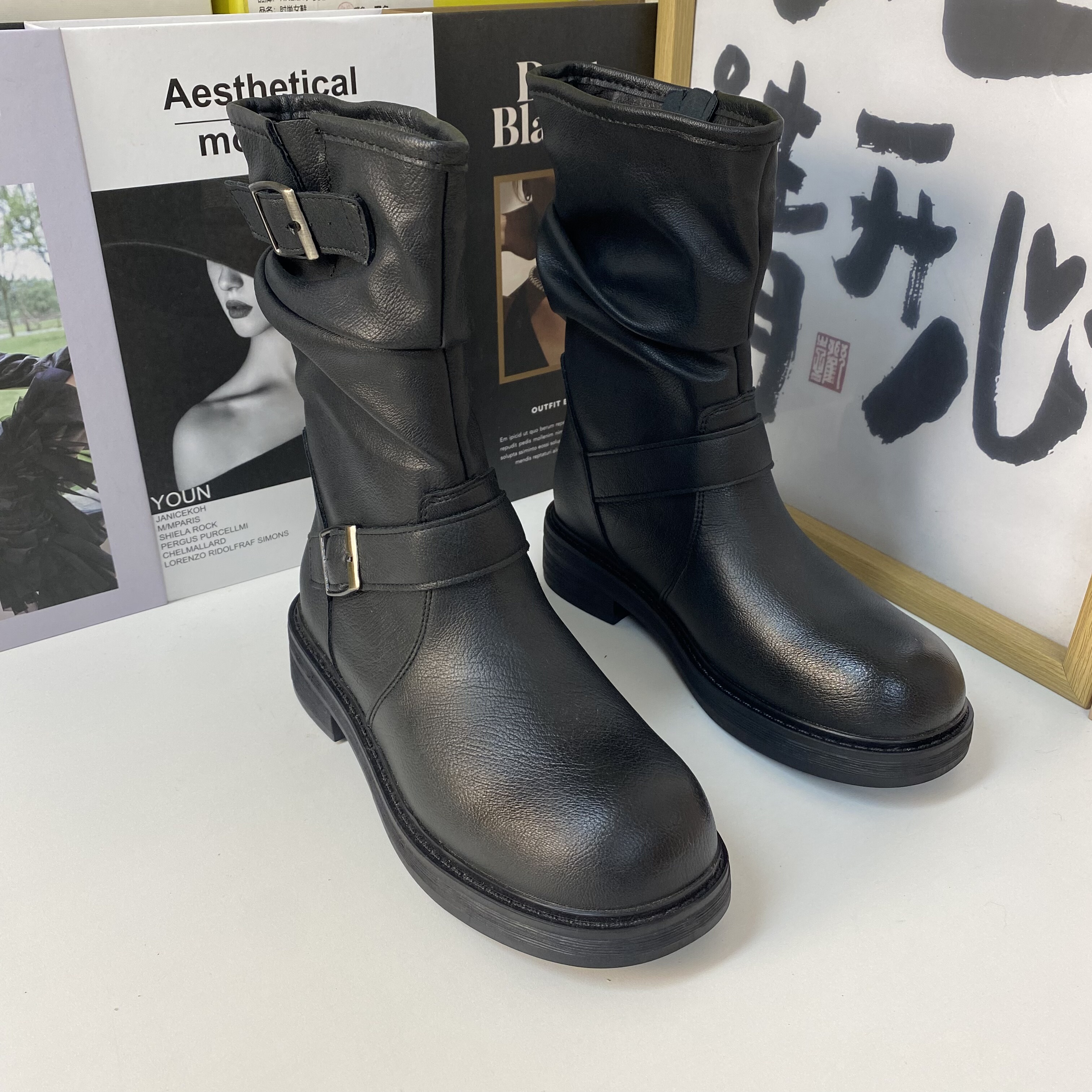 欧美短靴马丁靴中筒皮带扣粗跟厚底时尚女秋冬百搭优雅通勤高级感