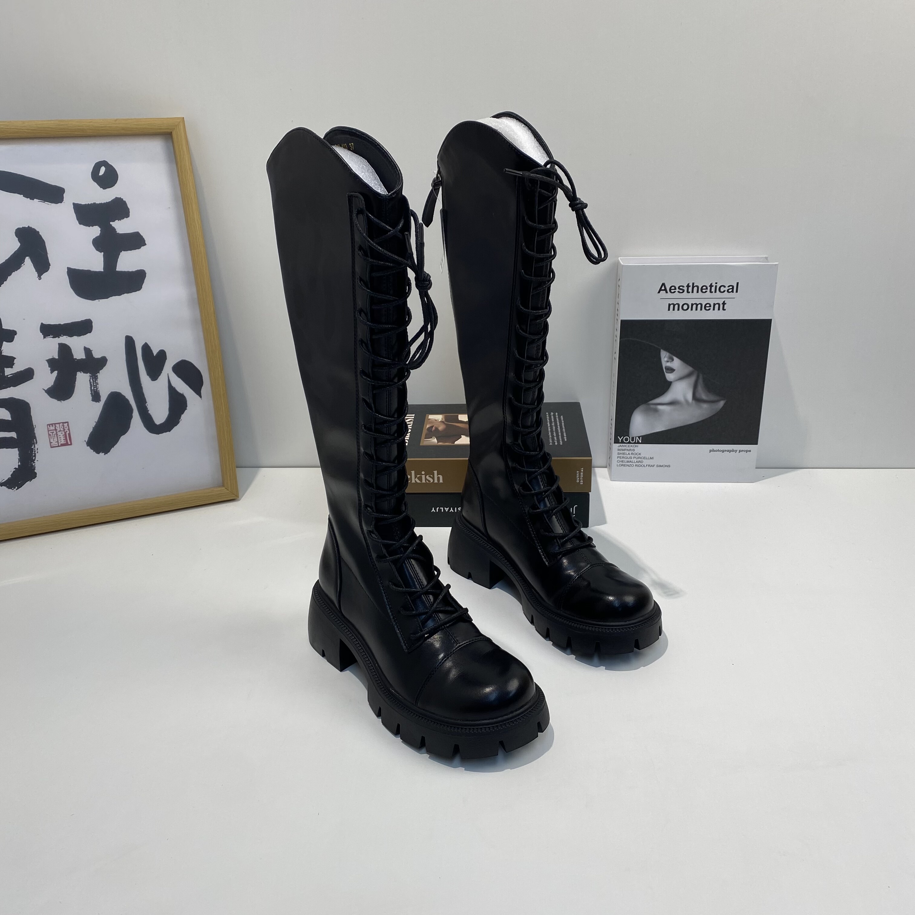 2025年新款小个子粗跟显瘦长筒骑士靴女秋冬厚底系带高筒马丁靴女