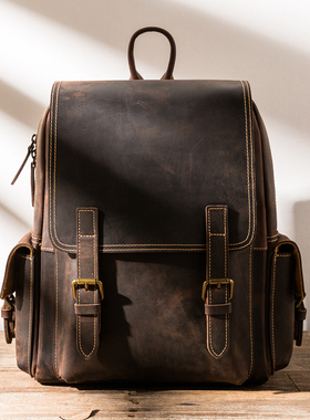 原创头层牛皮双肩包男复古疯马皮大容量电脑包女时尚旅行真皮背包