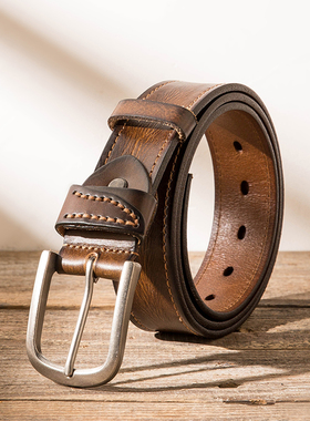 新款头层牛皮男士皮带真皮大车线休闲百搭复古纯手工针扣裤带腰带