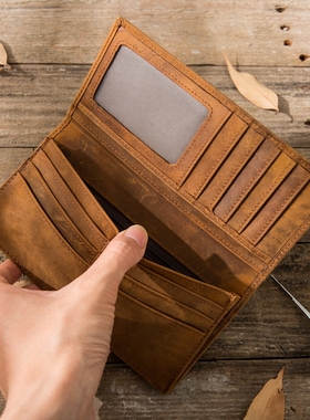 2025男士复古疯马皮长款手机钱包真皮头层牛皮日系手工钱夹文艺