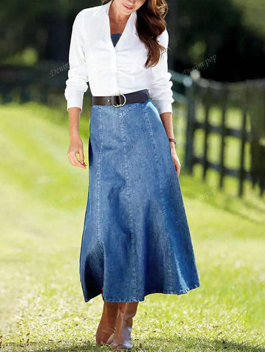 denim skirt复古蓝牛仔半身裙女高腰大码胖mm遮肚显瘦中长款裙子