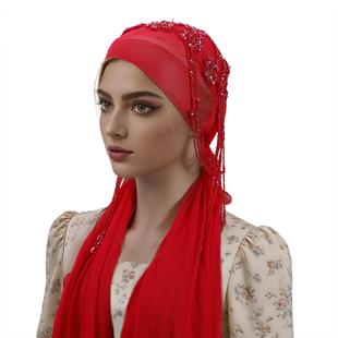 季节新款回族头纱花仙子流苏长巾民族重工套头纱民族风纱巾头巾