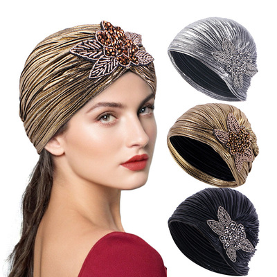 高贵烫金褶皱印度帽时尚串珠演出套头帽阿拉伯头巾帽女turban hat