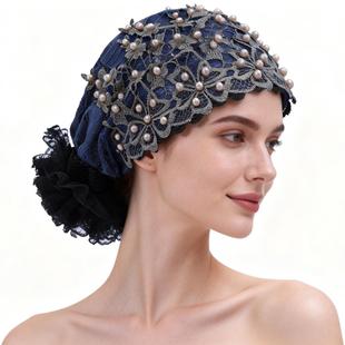 春夏回族纱巾头巾帽子女包头爆款时尚刺绣蕾丝透气钉珠遮白发妈