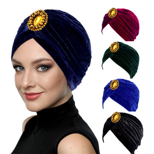 Cap Women Turban hat秋冬绒布头巾帽印度帽褶皱包头帽中东女士帽