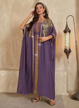 气质优雅女装长袖拼接连衣裙长袍开衫两件套紫色长裙two pieces