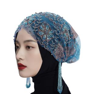 跨境新款热销女士蕾丝串珠回族头巾百搭时尚高品质手工透气帽子