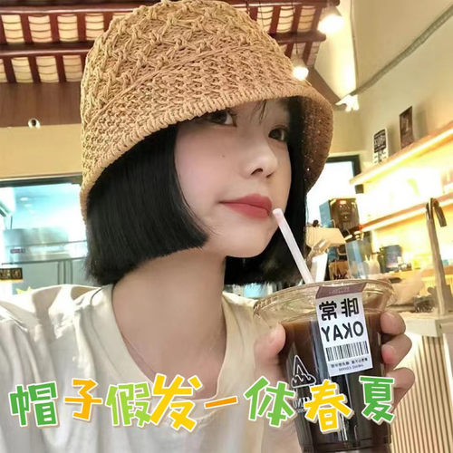 假发帽子一体女夏季薄款渔夫帽