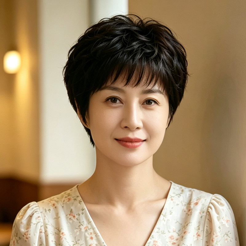 中老年妈妈款真发短卷整顶假发