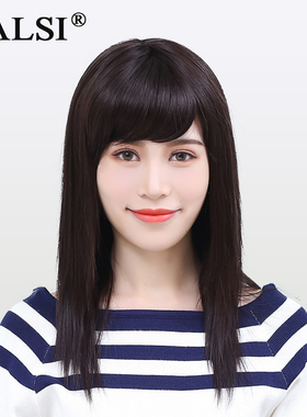 假发女长直发斜刘海蓬松中长发黑色头套逼真送妈妈中年女士假发套