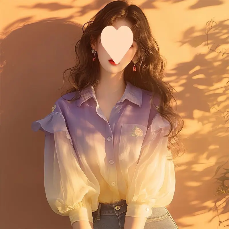 紫色雪纺衬衫秋装女款2025年新款小众独特别致泡泡袖渐变撞色上衣