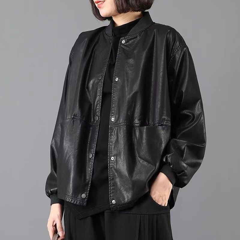 韩版宽松大码短外套不裂皮夹棉女士春秋冬季休闲洋气皮夹克女皮衣