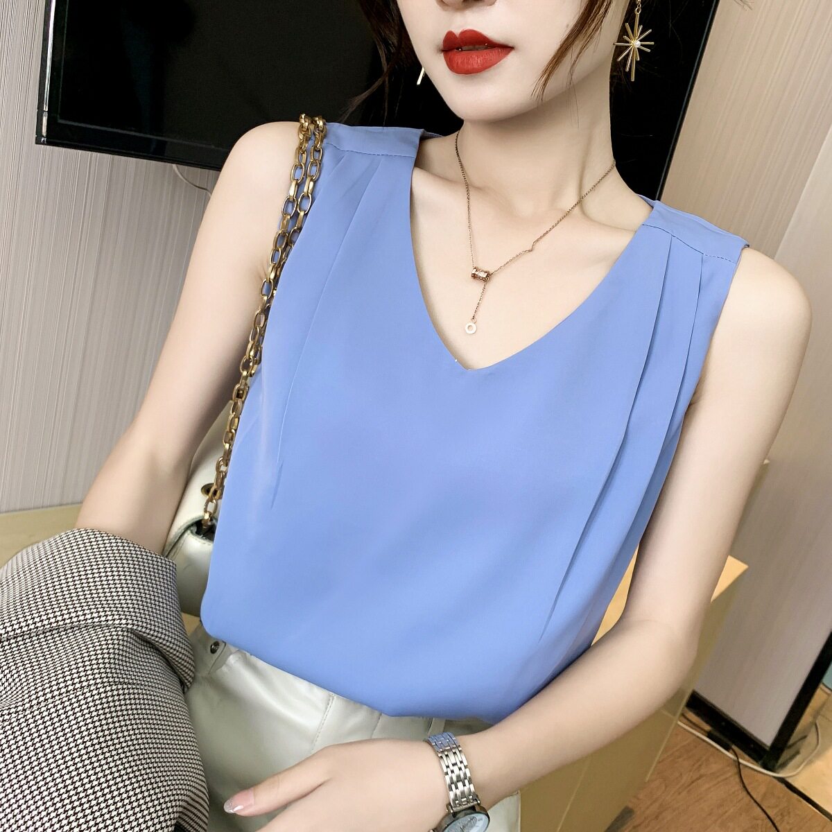 真丝吊带背心女内搭西装白色黑色打底绸缎面桑蚕丝醋酸上衣夏v领