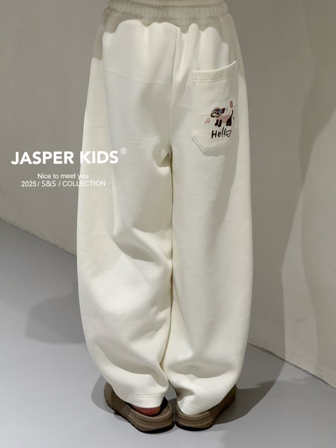 Jasper kids2025春女童裤子刺绣字母直筒裤卫裤中大童运动休闲裤